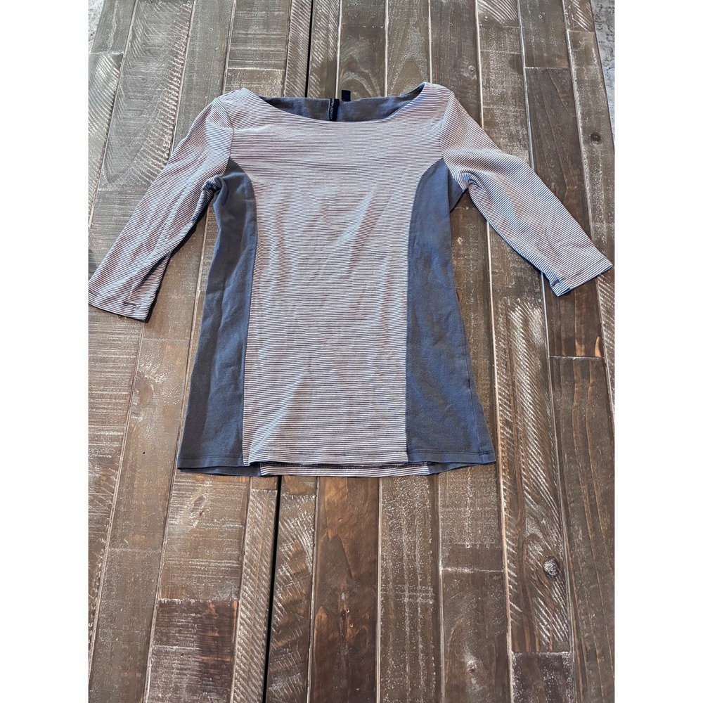 Cynthia Rowley Striped Shirt Gray White 3/4‎ Sleeve Boat Neck Career